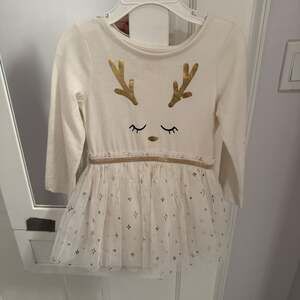 2T Cat & Jack Toddler Girl's Christmas Reindeer Long Sleeve Tulle Dress, Cream &